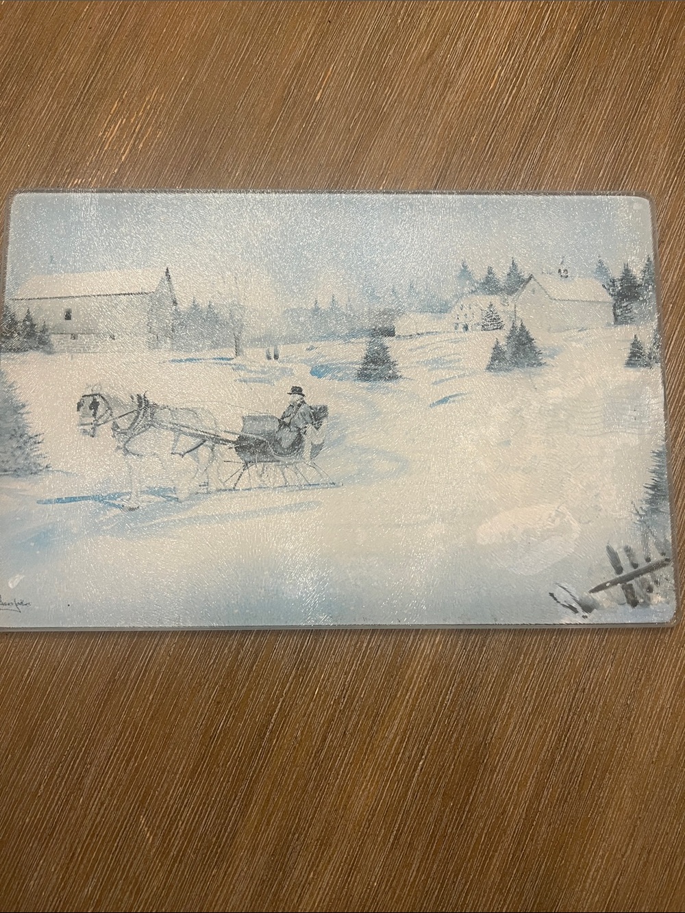 Tempered Glass Counter Saver or cutting board.  Sleigh Scene Blue & White